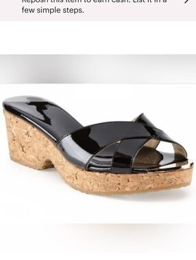 Jimmy Choo Panna Patent Leather Metal Logo Slide Sandal Shoe Cork Wedge Platform